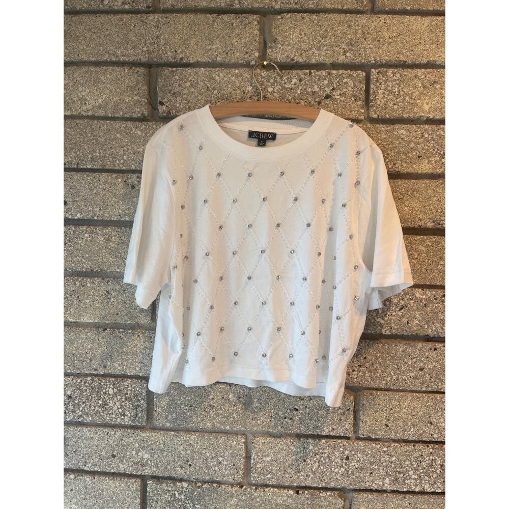J.Crew Womens Beaded Diamond Pattern White Short Sleeve Top M